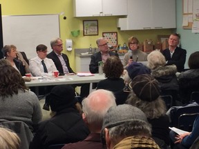Manitoba Liberal Health Critic and MLA for River Heights, Jon Gerrard, hosted a community forum to discuss how the Provincial Government can best optimize the health of Manitobans by preventing specific medical conditions including diabetes, HIV-AIDS, and mental and brain illnesses at the Sir John Franklin Community Centre in Winnipeg on Sunday, Nov. 18, 2018. (Left to right) Guest speakers were Jane Meagher, Robyn Priest, Michael McMullen, Neil Johnston, Dr. Margaret England and Dr. Paul Sandstrom. GLEN DAWKINS/Winnipeg Sun/Postmedia Network