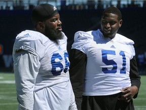 Blue Bombers starting offensive linemen Stanley Bryant (left) and Jermarcus Hardrick (right) have agreed in principle to new contracts for next season.