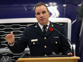 Police chief Danny Smyth speaks during a press event outlining the details of Project Riverbank at the Manitoba Public Insurance offices on Plessis Road in Winnipeg on Thurs., Nov. 1, 2018. Kevin King/Winnipeg Sun/Postmedia Network