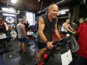 Harry Black participates in the Iron Ride stationary bike fundraising event for Pan Am Place 2 on Saturday.
