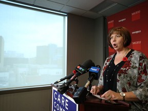 Janet Kehler, Director Member Services for the Manitoba Government and General Employees' Union, meets with media in the MGEU office on Broadway in Winnipeg on Monday, to discuss a letter written by physicians warning against privatizing the Lifeflight Manitoba Air Ambulance Service.