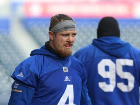 Linebacker Adam Bighill on the sideline during Winnipeg Blue Bombers practice on Thurs., Nov. 8, 2018. Kevin King/Winnipeg Sun/Postmedia Network