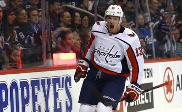 Washington Capitals forward Jakub Vrana celebrates his goal against the Winnipeg Jets in Winnipeg on Wed., Nov. 14, 2018. Kevin King/Winnipeg Sun/Postmedia Network