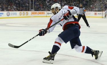 Washington Capitals forward Alex Ovechkin blasts a one-timer on the power play against the Winnipeg Jets in Winnipeg on Wed., Nov. 14, 2018. Kevin King/Winnipeg Sun/Postmedia Network