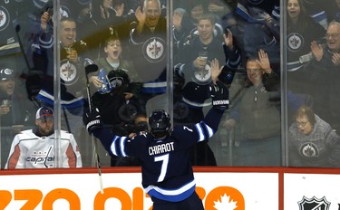 Winnipeg Jets defenceman Ben Chiarot celebrates his game-winning goal against the Washington Capitals in Winnipeg on Wed., Nov. 14, 2018. Kevin King/Winnipeg Sun/Postmedia Network