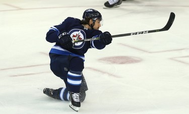 Winnipeg Jets forward Nic Petan shoots against the Washington Capitals in Winnipeg on Wed., Nov. 14, 2018. Kevin King/Winnipeg Sun/Postmedia Network