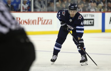 Winnipeg Jets defenceman Josh Morrissey is stationed at the blueline for a faceoff against the Washington Capitals in Winnipeg on Wed., Nov. 14, 2018. Kevin King/Winnipeg Sun/Postmedia Network