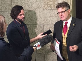 Manitoba Liberal Leader Dougald Lamont addresses the media at the Manitoba Legislature in Winnipeg on Monday, following the release of the Liberals alternative throne speech.