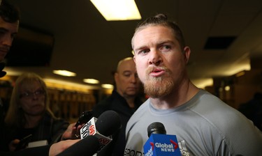 Adam Bighill speaks with media in the Winnipeg Blue Bombers locker room on Mon., Nov. 19, 2018. Kevin King/Winnipeg Sun/Postmedia Network