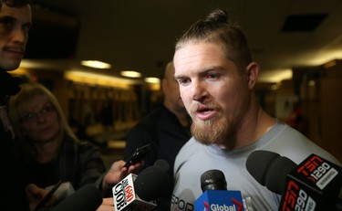 Adam Bighill speaks with media in the Winnipeg Blue Bombers locker room on Mon., Nov. 19, 2018. Kevin King/Winnipeg Sun/Postmedia Network