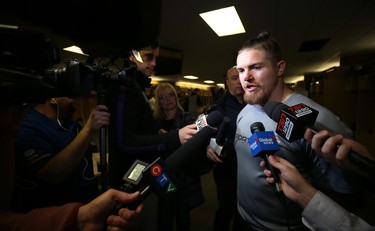 Adam Bighill speaks with media in the Winnipeg Blue Bombers locker room on Mon., Nov. 19, 2018. Kevin King/Winnipeg Sun/Postmedia Network