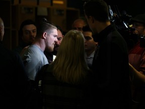 Adam Bighill speaks with media in the Winnipeg Blue Bombers locker room on Monday.