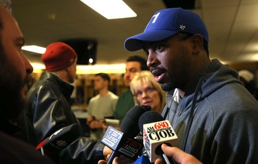 Maurice Leggett speaks with media in the Winnipeg Blue Bombers locker room on Mon., Nov. 19, 2018. Kevin King/Winnipeg Sun/Postmedia Network