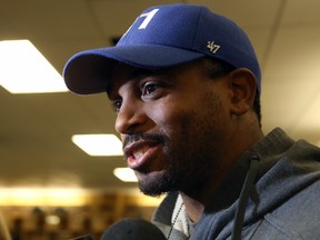 Maurice Leggett speaks with media in the Winnipeg Blue Bombers locker room on Mon., Nov. 19, 2018. Kevin King/Winnipeg Sun/Postmedia Network