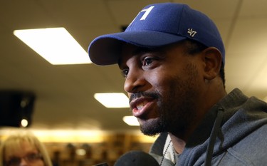 Maurice Leggett speaks with media in the Winnipeg Blue Bombers locker room on Mon., Nov. 19, 2018. Kevin King/Winnipeg Sun/Postmedia Network