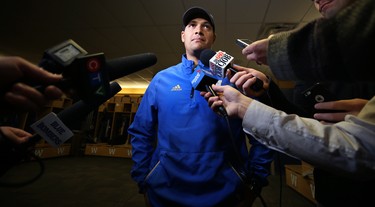 Justin Medlock speaks with media in the Winnipeg Blue Bombers locker room on Mon., Nov. 19, 2018. Kevin King/Winnipeg Sun/Postmedia Network