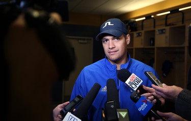 Justin Medlock speaks with media in the Winnipeg Blue Bombers locker room on Mon., Nov. 19, 2018. Kevin King/Winnipeg Sun/Postmedia Network