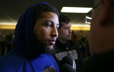 Jovan Santos-Knox speaks with media in the Winnipeg Blue Bombers locker room on Mon., Nov. 19, 2018. Kevin King/Winnipeg Sun/Postmedia Network