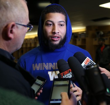 Jovan Santos-Knox speaks with media in the Winnipeg Blue Bombers locker room on Mon., Nov. 19, 2018. Kevin King/Winnipeg Sun/Postmedia Network