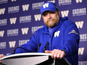 Winnipeg Blue Bombers head coach Mike O'Shea speaks with media on the day the team cleaned out its lockers on Mon., Nov. 19, 2018 following a loss to the Calgary Stampeders in the CFL's Western Final. Kevin King/Winnipeg Sun/Postmedia Network