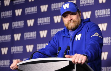 Winnipeg Blue Bombers head coach Mike O'Shea speaks with media on the day the team cleaned out its lockers on Mon., Nov. 19, 2018 following a loss to the Calgary Stampeders in the CFL's Western Final. Kevin King/Winnipeg Sun/Postmedia Network