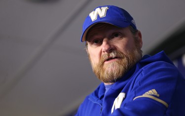 Winnipeg Blue Bombers head coach Mike O'Shea speaks with media on the day the team cleaned out its lockers on Mon., Nov. 19, 2018 following a loss to the Calgary Stampeders in the CFL's Western Final. Kevin King/Winnipeg Sun/Postmedia Network