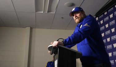 Winnipeg Blue Bombers head coach Mike O'Shea speaks with media on the day the team cleaned out its lockers on Mon., Nov. 19, 2018 following a loss to the Calgary Stampeders in the CFL's Western Final. Kevin King/Winnipeg Sun/Postmedia Network