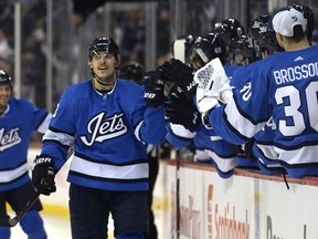 Winnipeg Jets forward Brandon Tanev celebrates his short-handed goal against the Pittsburgh Penguins in Winnipeg on Tues., Nov. 27, 2018. Kevin King/Winnipeg Sun/Postmedia Network