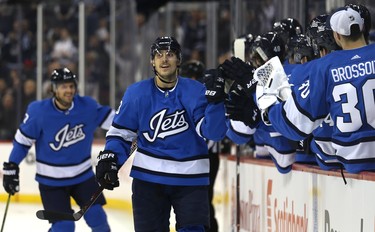 Winnipeg Jets forward Brandon Tanev celebrates his short-handed goal against the Pittsburgh Penguins in Winnipeg on Tues., Nov. 27, 2018. Kevin King/Winnipeg Sun/Postmedia Network