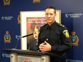 Winnipeg Police Service impaired driving countermeasures coordinator Const. Stephane Fontaine addresses the media at a press conference at police headquarters on Friday to announce the start of the 2018 Festive Season Checkstop program. The program will begin on Saturday and will run every day during the month of December. Winnipeg police announced that Checkstop units will also be equipped with the Drager DrugTest 5000 roadside drug screening device.