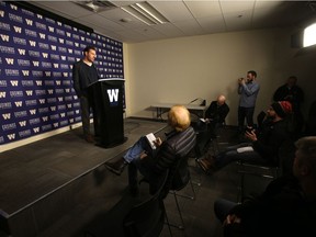 Winnipeg Blue Bombers General Manager Kyle Walters spoke to media in Winnipeg. Friday.