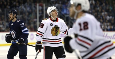 Chicago Blackhawks forward Patrick Kane reacts after a teammate went offside against the Winnipeg Jets in Winnipeg on Thurs., Nov. 29, 2018. Kevin King/Winnipeg Sun/Postmedia Network