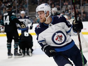 Jets' Nikolaj Ehlers  reacts after scoring his second goal against the San Jose Sharks on Thursday night. (Photo by Ezra Shaw/Getty Images)