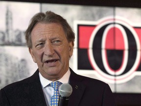 Ottawa Senators owner Eugene Melnyk speaks with the media in Ottawa on Sept. 7, 2017.