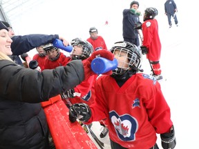 Grade 4 and 5 students in the Winnipeg Jets Hockey Academy get a chance to skate on a new rink built for their program at Camp Manitou on Wednesday, Dec. 12, 2018. Supplied photo.
