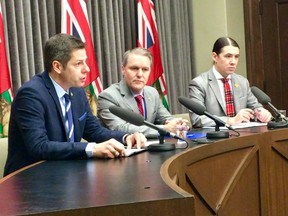 Mayor Brian Bowman, Health Minister Cameron Friesen and Liberal MP Robert-Falcon Ouellette announced the Illicit Drug Task Force on Tuesday at the Manitoba Legislature.
Tom Brodbeck/Winnipeg Sun