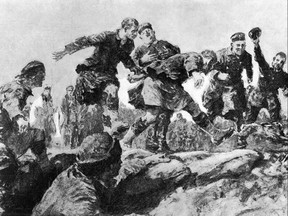 A drawing of the Christmas truce on the Western Front in 1914. (Photo by Hulton Archive/Getty Images)
