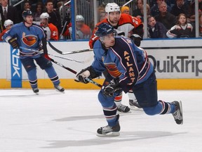 Former Atlanta Thrashers forward Darren Haydar suited up for just 23 NHL games, including this one against the Philadelphia Flyers in 2007. Haydar can only wonder how differently things would have gone had he played in today’s era of smaller players.  GETTY IMAGES