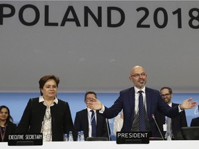 President Michal Kurtyka, right, and Executive Secretary of the UN Framework Convention on Climate Change Patricia Espinosa react after adopting the final agreement during a closing session of the COP24 U.N. Climate Change Conference 2018 in Katowice, Poland, Saturday, Dec. 15, 2018.