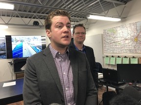 Riley Unger, sales director for Living Skies Solar, speaks with the media on Wednesday from his office. Unge wants to see the return of a solar energy program in the province that provides subsidies and net-metering to those who buy solar power systems. 
Scott Billeck/Winnipeg Sun/Postmedia Network
