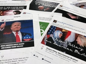 Some of the Facebook and Instagram ads linked to a Russian effort to disrupt the American political process and stir up tensions around divisive social issues, released by members of the U.S. House Intelligence committee, are photographed in Washington, on Wednesday, Nov. 1, 2017.
