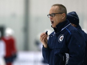 Head coach Paul Maurice shouts during Winnipeg Jets practice at Bell MTS Iceplex on Tues., Nov. 13, 2018. Kevin King/Winnipeg Sun/Postmedia Network