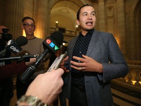 Manitoba NDP leader Wab Kinew spoking to media in Winnipeg Friday about concerns over a Request for Proposal (RFP) to review Manitoba Hydro's customer service division.