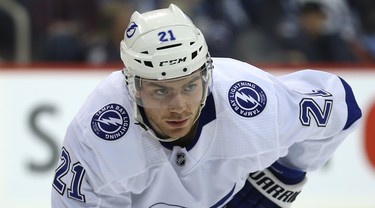 Tampa Bay Lightning forward Brayden Point lines up for a faceoff against the Winnipeg Jets in Winnipeg on Sun., Dec. 16, 2018. Kevin King/Winnipeg Sun/Postmedia Network