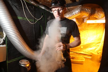 YR Year End.  Marijuana advocate Steven Stairs photographed in Winnipeg exhaling marijuana smoke..   Thursday, August 23/2018 Winnipeg Sun/Chris Procaylo/stf