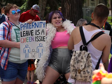 An attendee gets a message across during the Pride Day parade on York Avenue in Winnipeg on Sun., June 3, 2018. Kevin King/Winnipeg Sun/Postmedia Network