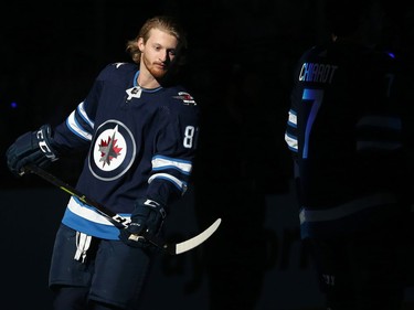 Winnipeg Jets forward Kyle Connor takes his place around centre ice during the team introduction prior to the home opener against the Los Angeles Kings in Winnipeg on Tues., Oct. 9, 2018. Kevin King/Winnipeg Sun/Postmedia Network