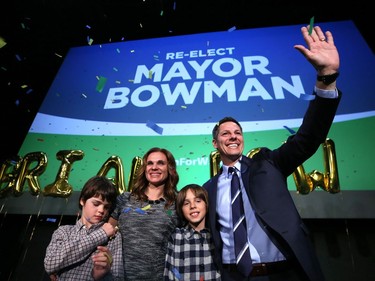 Mayor Brian Bowman (right), with wife Tracy and children Hayden (second from right) and Austin, celebrates his re-election at the Metropolitan Entertainment Centre in downtown Winnipeg on Wed., Oct. 24, 2018. Kevin King/Winnipeg Sun/Postmedia Network