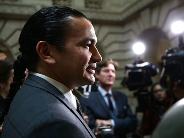 Wab Kinew, leader of the provincial New Democratic Party, speaks with reporters at the Manitoba Legislative Building on Mon., Oct. 29, 2018. Kevin King/Winnipeg Sun/Postmedia Network