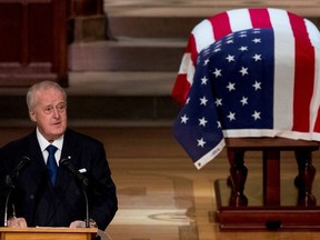 Former Canadian Prime Minister Brian Mulroney speaks during the State Funeral for former US President George H.W. Bush at the National Cathedral in Washington, DC on December 5, 2018.